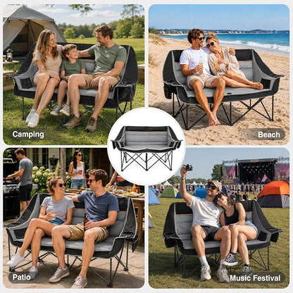 HOPERAN Double Camping Chair 660lb Camping Couch Oversized Folding Loveseat | 58" Wide Seat, 600D Fabric, 2 Person Camp Chair, Heavy Duty, Side&Rear Pocket, Cup&Wine Glass Holder, for Lawn Patio Beach