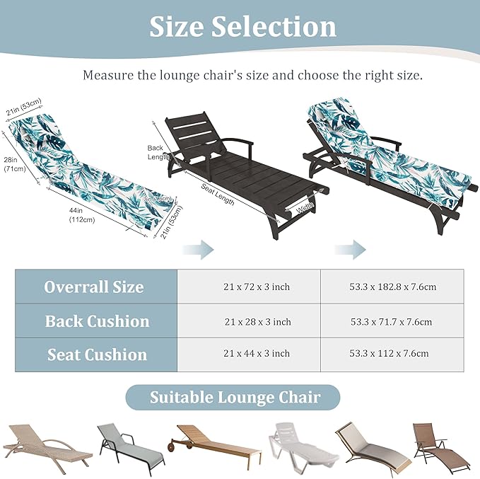 Chaise Lounge Cushions Outdoor Set of 2 Lounge Chair Cushion 72" L x 21" W with Headrest Straps 3'' Thick Waterproof Patio Chaise Cushions Pool Lounger Chair Cushion(Leaves & Flowers)