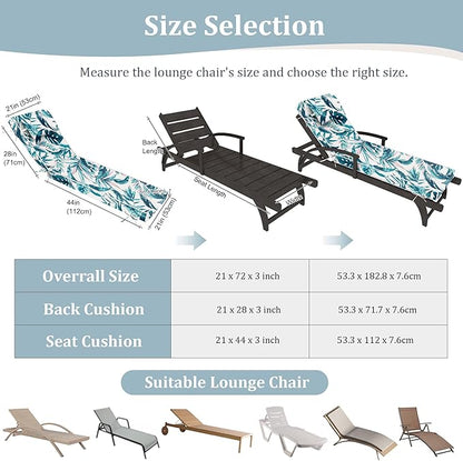 Chaise Lounge Cushions Outdoor Set of 2 Lounge Chair Cushion 72" L x 21" W with Headrest Straps 3'' Thick Waterproof Patio Chaise Cushions Pool Lounger Chair Cushion(Leaves & Flowers)