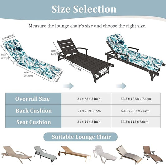 Chaise Lounge Cushions Outdoor Set of 2 Lounge Chair Cushion 72" L x 21" W with Headrest Straps 3'' Thick Waterproof Patio Chaise Cushions Pool Lounger Chair Cushion(Leaves & Flowers)