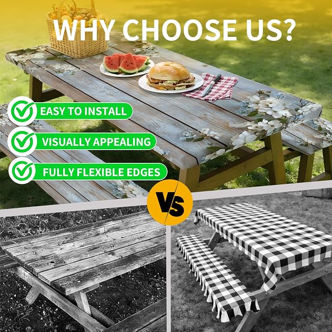 Picnic Table Cover with Bench Covers, 72 X 30 Inch Elastic Fitted Camping Tablecloth with Strap Design for 6FT Rectangle Tables, Windproof Outdoor Tablecloth Set with Storage Bag