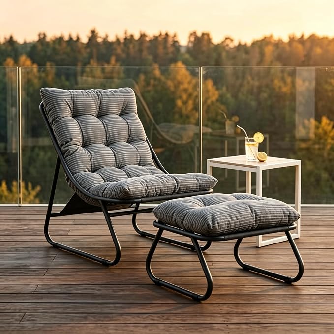 Rocking Chair with Ottoman, Modern Metal Frame Outdoor Rocker, Comfy Patio Lounge Chair with Footrest, Reading Glider Chairs for Living Room, Bedroom, Balcony, Garden, Relax, Grey
