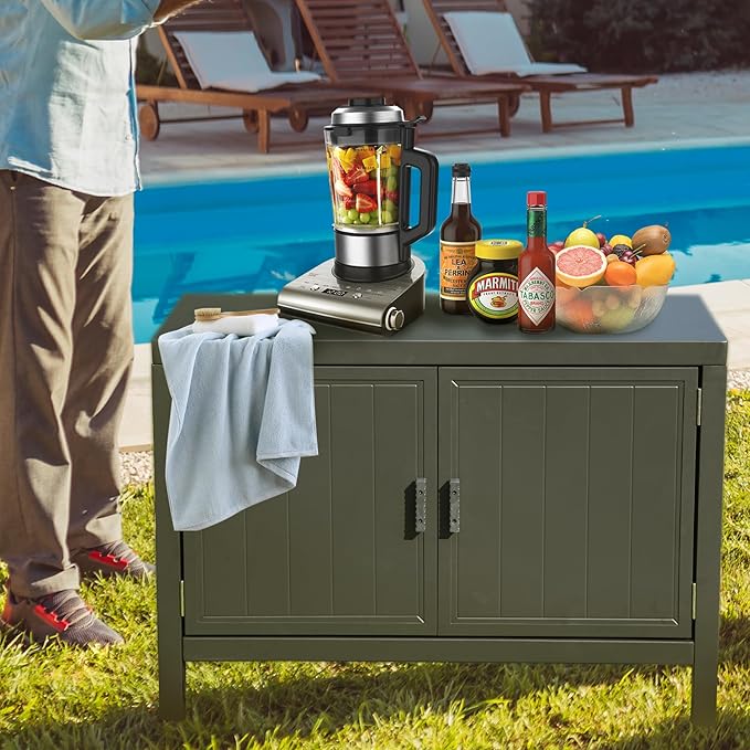 Domi Outdoor Kitchen Island with Storage, Aluminum Kitchen Storage Island Outdoor Grill Table, Freestanding Outdoor Prep Table Grill Storage Cabinet with Protective Cover for BBQ, Deck, Patio