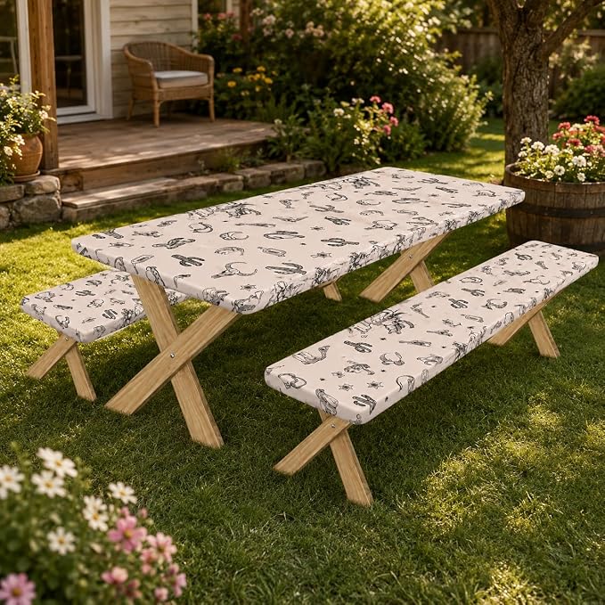 Cinrobiye 3PCS Western Cowboy Picnic Table Cover Set with Bench Covers Fitted Waterproof Rodeo Tablecloth Windproof Elastic Outdoor Camping Picnic Table Cover Rustic Western Party Decor 72 x 30 Inch