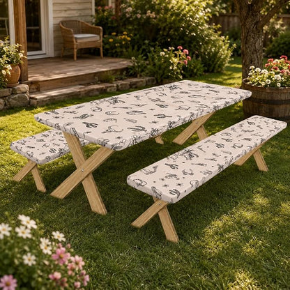 Cinrobiye 3PCS Western Cowboy Picnic Table Cover Set with Bench Covers Fitted Waterproof Rodeo Tablecloth Windproof Elastic Outdoor Camping Picnic Table Cover Rustic Western Party Decor 72 x 30 Inch