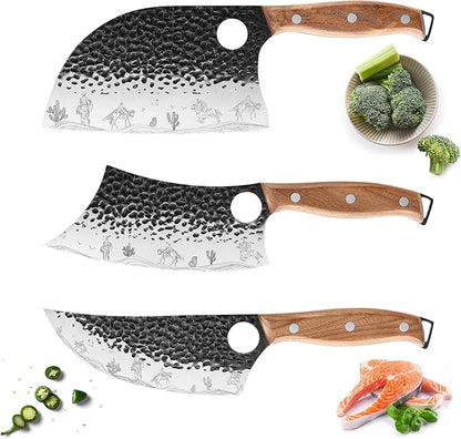 3PCS Butcher Knife Set, Hand Forged Serbian Chef & Meat Cleaver & Viking Knife, Wooden Handle, Perfect for Home, BBQ, Camping (Cactus and Knight Pattern)