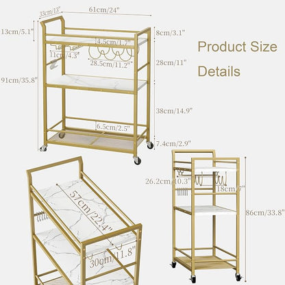 3 Tier Bar Cart, Small Beverage Cart, Mini Bar Cart with Wine Rack, Compact Mini Bar Cart - Please Refer to the Exact Dimensions for Usage Matching Dimensions: 22" W × 13" D × 35.8" H GBC507G