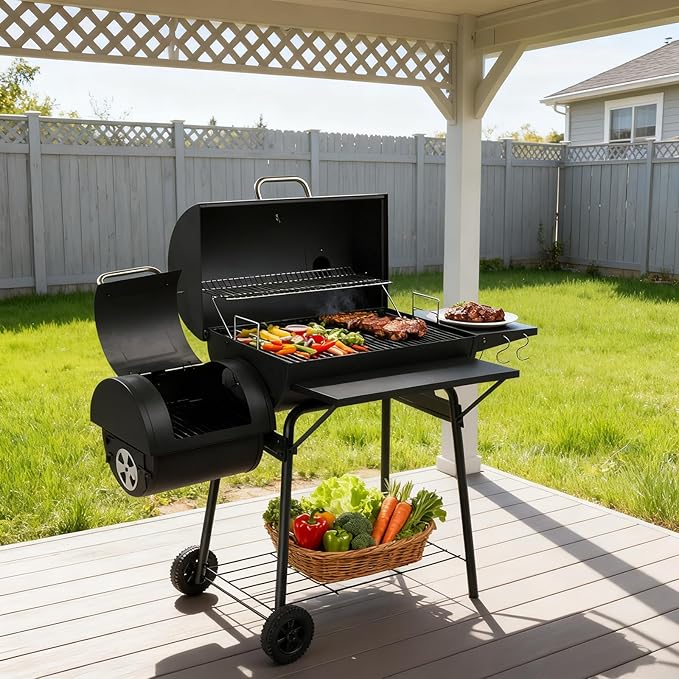 51.5in Barrel Charcoal Grills,Outdoor BBQ Grill,Large Vertical Picnic Barbecue Grills,Portable Camping Stove Grill,with Offset Smoker & Warming Rack,for Backyard Patio Parties Garden Beach (Black)