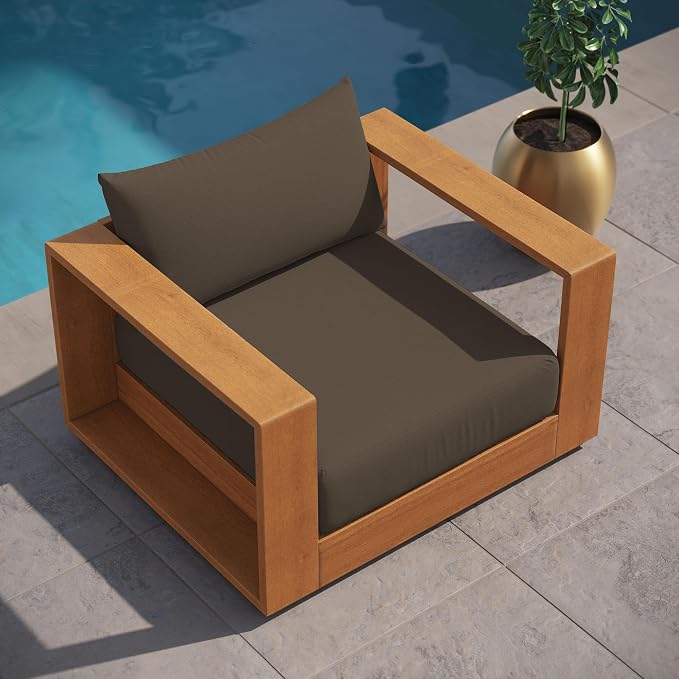 Modway Tahoe Acacia Wood Outdoor Patio Chair in Natural Cocoa with Weather-Resistant Cushions - Ideal as Club Chair or Outdoor Dining Chair