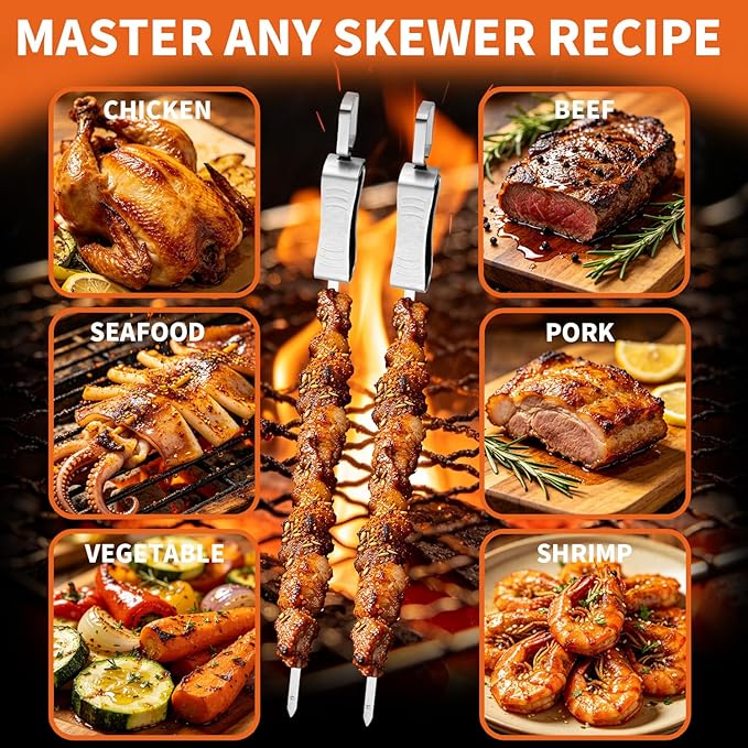 BBQ Skewers for Grilling - 16" Flat Stainless Steel Shish Kabob Skewers with Push Bar Slider - Reusable Metal Kebab Sticks for Meat, Chicken, Shrimp & Vegetables, Set of 6