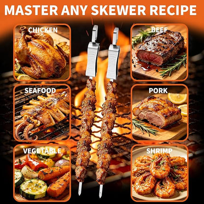 BBQ Skewers for Grilling - 16" Flat Stainless Steel Shish Kabob Skewers with Push Bar Slider - Reusable Metal Kebab Sticks for Meat, Chicken, Shrimp & Vegetables, Set of 6