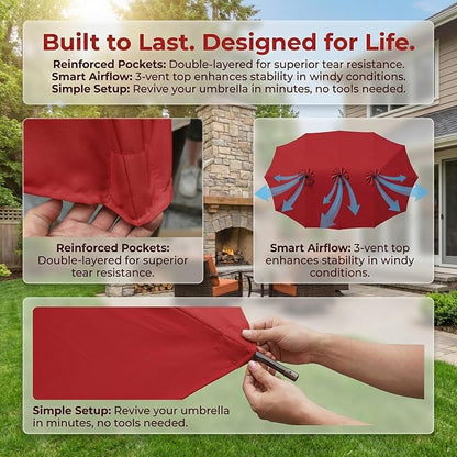 15ft Patio Umbrella Replacement Canopy for 12 Ribs, Large Outdoor Umbrella Top Cover Only, Double-Sided Fabric for Market Umbrellas, Sombrillas de Patio Repuesto (Frame NOT Included), Red