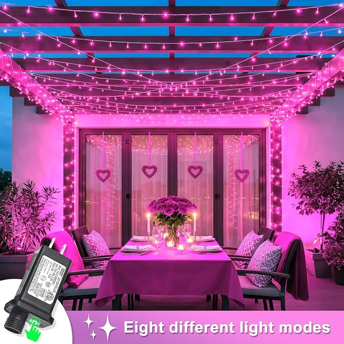 131FT 400 LED Outdoor String Lights, Pink Christmas Lights Indoor | Plug in Waterproof 8 Modes Clear Wire String Twinkle Lights for Bedroom Outside Patio Yard Xmas Party Wedding Decorations
