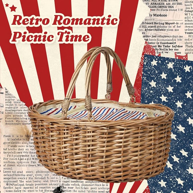 Wicker Picnic Basket 15"x11"x7" Insulated Liner Red White Blue Star | Insulated Zip Liner Helps Keep Drinks and Snacks Cool, Sturdy Woven Basket Suits Parks, Camping, Holidays and Gift Giving