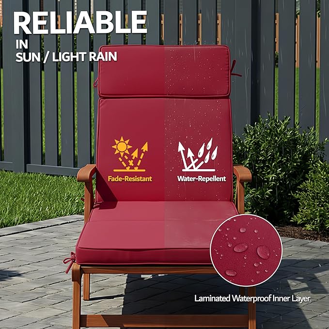 80 x 26 Inch Outdoor Chaise Lounge Cushions Set of 2 - Removable Cover, 4-Section Design, Water-Repellent & Fade-Resistant, 6 Tie Straps, Replacement for Patio & Pool Chairs - Burgundy