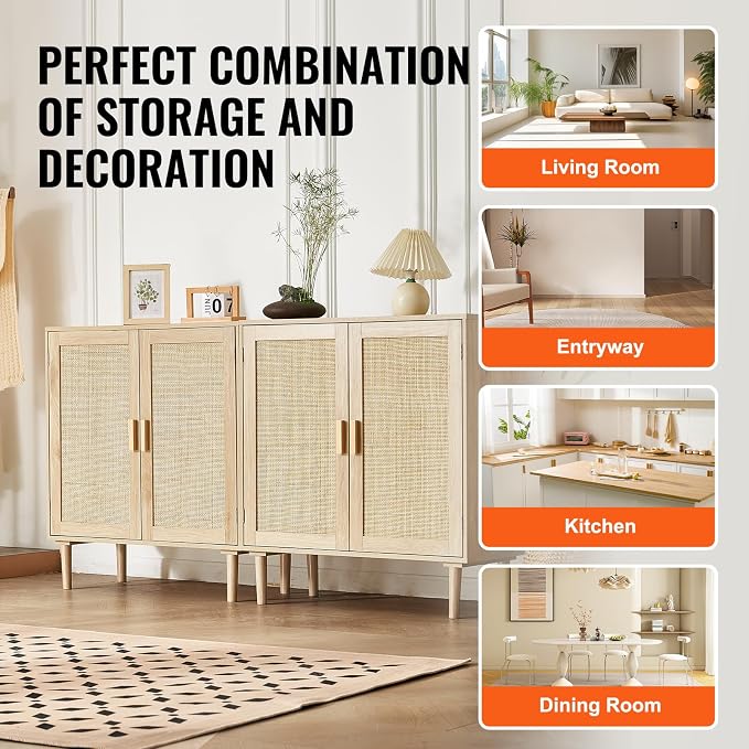 VEVOR Rattan Buffet Cabinet with Storage, 4 Magnetic Doors and Adjustable Shelves, Sideboard for Hallway, Living Room, Kitchen, Natural