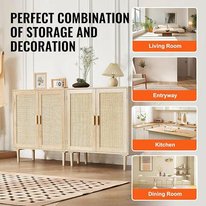 VEVOR Rattan Buffet Cabinet with Storage, 4 Magnetic Doors and Adjustable Shelves, Sideboard for Hallway, Living Room, Kitchen, Natural