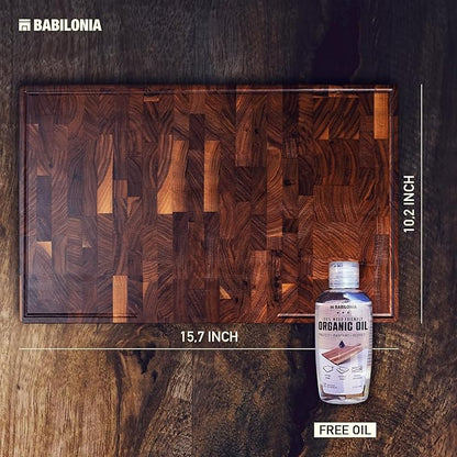American Black Walnut Cutting Board - 15.7 x 10.2 Inch (ExtraThick 1.7") Hardwood Butcher Block, Charcuterie, Heavy Duty End Grain Wood Chopping Board with Juice Groove & Handle (Oil & Plate Included)