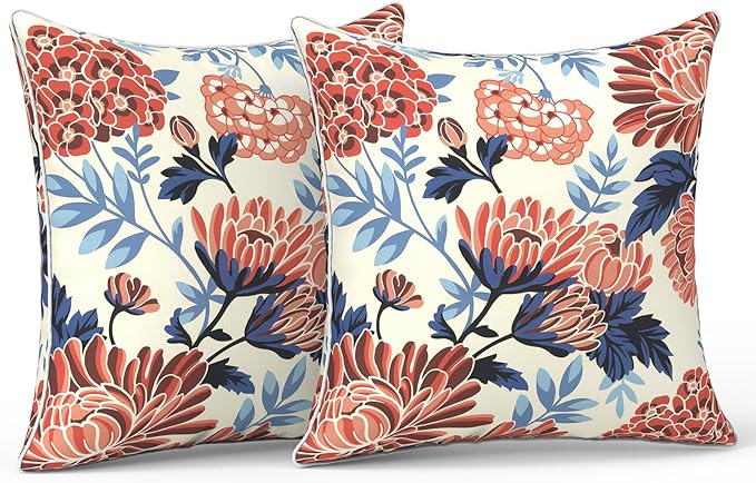 LVTXIII Outdoor Throw Pillow Covers Set of 2, Patio Waterproof Pillow Cases Fade Resistant Accent Pillow Covers for Home and Garden Furniture Decoration, 18"x18", Red Chrysanthemum