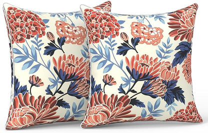 LVTXIII Outdoor Throw Pillow Covers Set of 2, Patio Waterproof Pillow Cases Fade Resistant Accent Pillow Covers for Home and Garden Furniture Decoration, 18"x18", Red Chrysanthemum
