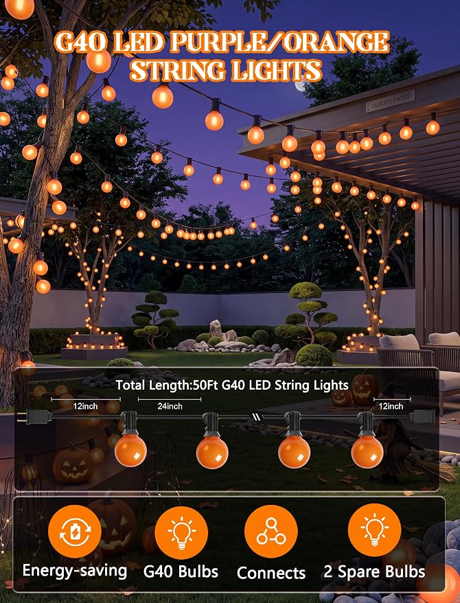 50FT Halloween Orange G40 LED Outdoor String Lights Plug in, 25 Globe Bulbs | Waterproof Patio Lights, Connectable Halloween Decorative Outdoor Lights for Party, Porch, Garden, Yard, Balcony, Backyard