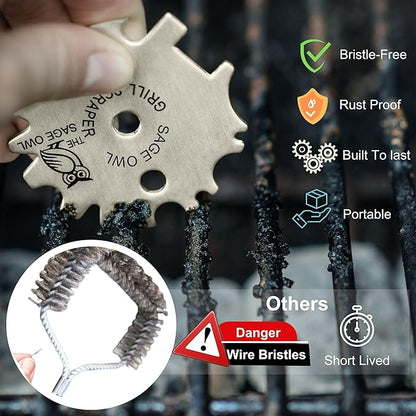Sage Owl Bristle-Free Stainless Steel BBQ Grill Scraper – Safe Universal Grill Cleaner for Outdoor Grills, Smoker Accessories, Kitchen Gadgets, and Grilling Tools Cooking Stocking Stuffers for Men