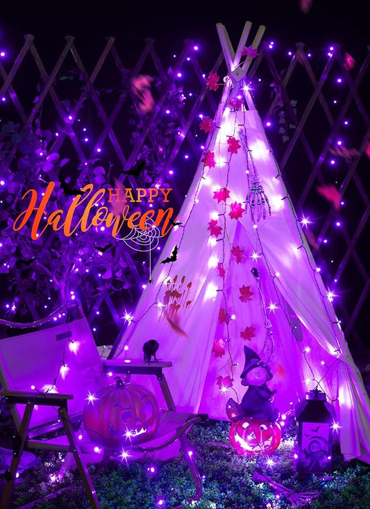 Minetom 2Pack Solar Halloween Lights Outdoor,Total 80FT 200LED String Light | Halloween Decoration Outdoor with 8 Modes, Black Wire, Waterproof Solar String Lights for Outside Tree Yard Party, Purple