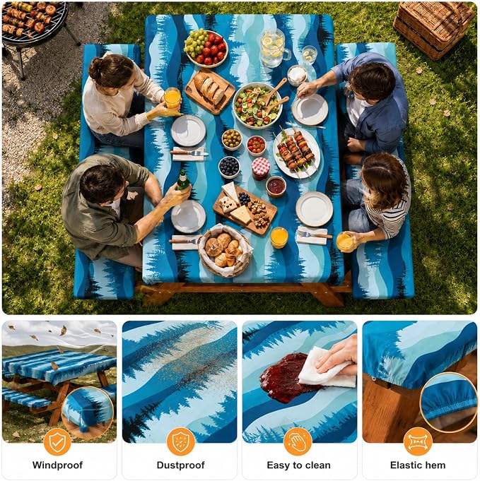 Emwwat Picnic Table Cover with Bench Covers, Waterproof Elastic Corner Fitted Tablecloth for 6 Foot Rectangle Tables, Washable Camping Table Cover Set for Picnic Outdoor BBQ (Blue, 72in)