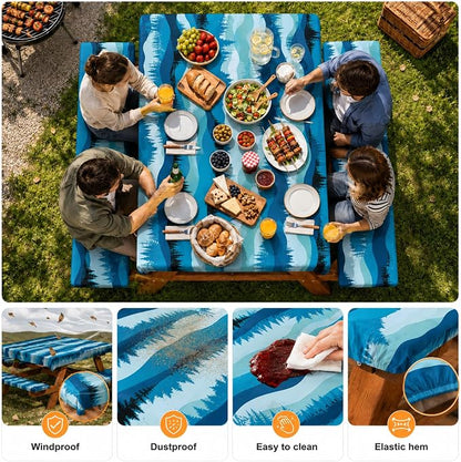 Emwwat Picnic Table Cover with Bench Covers, Waterproof Elastic Corner Fitted Tablecloth for 6 Foot Rectangle Tables, Washable Camping Table Cover Set for Picnic Outdoor BBQ (Blue, 72in)