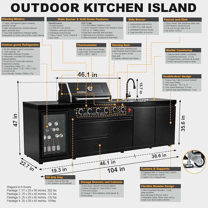 104"4-Burner Modular Outdoor Kitchen Island, 72000 BTU Propane Gas Grill | 4 Burners & Side Stove, Rear Infrared, Marble Countertop, Fridge, 360° Pull-Out Faucet, Sink, Warming Rack, Storage Cabinet