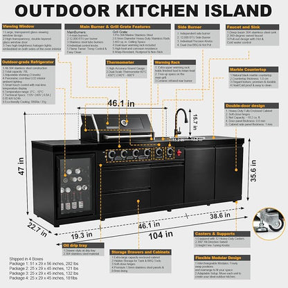 104"4-Burner Modular Outdoor Kitchen Island, 72000 BTU Propane Gas Grill | 4 Burners & Side Stove, Rear Infrared, Marble Countertop, Fridge, 360° Pull-Out Faucet, Sink, Warming Rack, Storage Cabinet