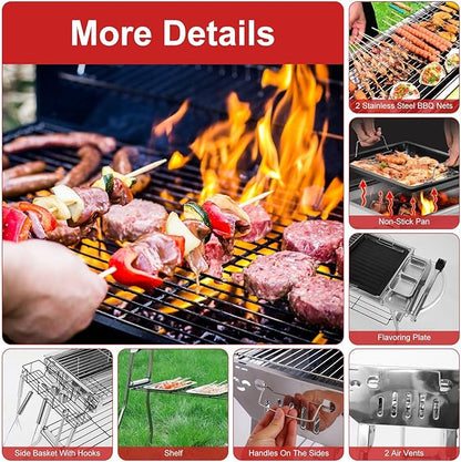 Portable Charcoal Grill, Foldable Camping Barbecue Grill with Storage Shelf, Stainless Steel Outdoor BBQ Grill Table for Garden Backyard Party Picnic Travel