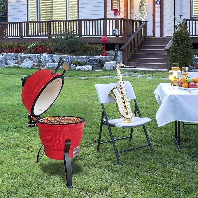 13" Round Ceramic Charcoal Grill,Tabletop Outdoor Barbecue Smoker,Portable Vertical Charcoal Smoker Grill,Heavy Duty Outdoor BBQ Grill,with Built-in Thermometer,for Garden Patio Beach Backyard (Red)