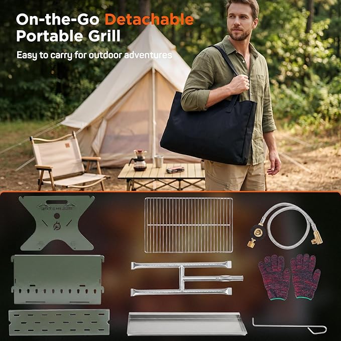QuliMetal Portable Camping Grill, Foldable 3-in-1 Charcoal Wood Gas Grill with Carry Bag, Heavy-Duty Stainless Steel BBQ Fire Pit for Outdoor Cooking Backpacking Tailgating Patio Backyard