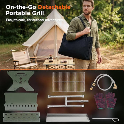 QuliMetal Portable Camping Grill, Foldable 3-in-1 Charcoal Wood Gas Grill with Carry Bag, Heavy-Duty Stainless Steel BBQ Fire Pit for Outdoor Cooking Backpacking Tailgating Patio Backyard