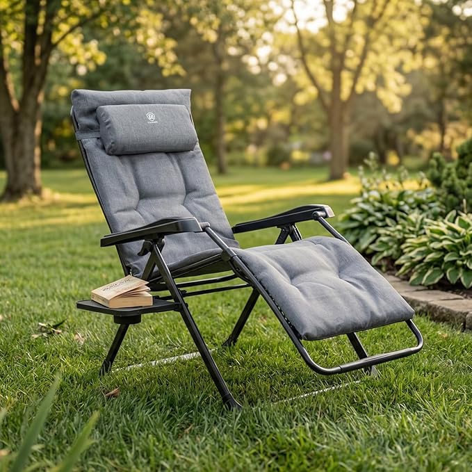EVER ADVANCED Aluminum Zero Gravity Chair Oversized, Thick Padded Reclining Lounge Chair with Adjustable Headrest & Side Table, Heavy Duty Support 350 lbs, Foldable for Outdoor & Indoor, Gray-2 Pack