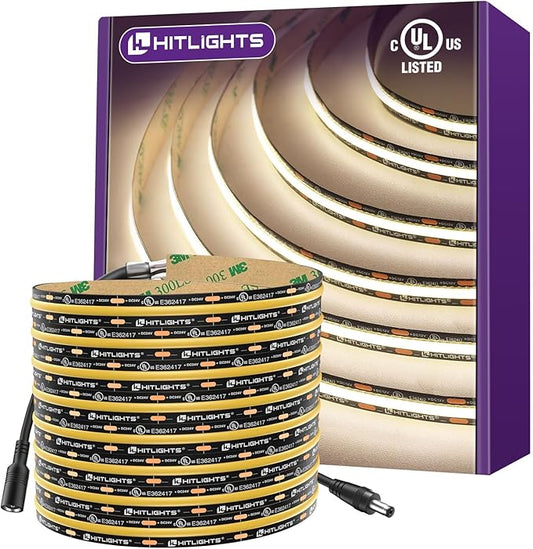 HitLights White LED Strip Lights 4000K, 16.4ft Premium 12V COB Tape Light High Density, 2400 LEDs, 305+ LM/FT, CRI 90+, IP30, Lighting for Kitchen, Cabinets, UL Listed (Power Source Not Included)
