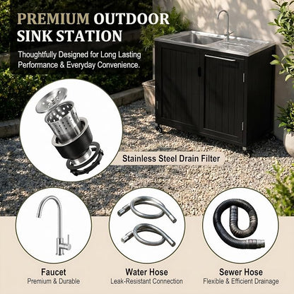 Outdoor Kitchen Island with 304 Stainless Steel Sink and Large Storage Cabinet,40-Inch BBQ Prep Station with Sink & 360 Lockable Wheels for Patio,Solid Wood Grill Cart，Backyard, Outdoor Party, Black