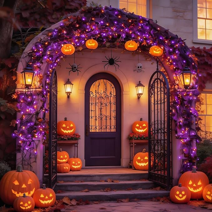 YEGUO 2 Pack Orange and Purple Solar Halloween Lights, Each 33ft 100 LED Solar String Lights Outdoor Waterproof, 8 Modes Solar Christmas Lights Outdoor for Bedroom Patio Garden Halloween Party Decor