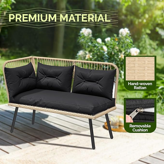 YITAHOME L-Shaped Patio Furniture Set, All-Weather Rattan Outdoor Conversation Sofa with Soft Cushions, Ottomans & Plastic Wood Dining Table for Backyard Deck, Light Brown + Black