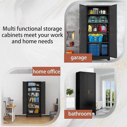 PAOFIN Kitchen Pantry Storage Cabinet with Doors and Adjustable Shelves, Metal ClosetMaid Food Pantry Cabinets, 75" Tall Freestanding Cupboard for Kitchen, Laundry or Utility Room, Black