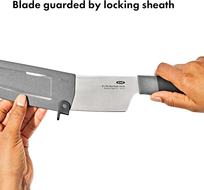 OXO Good Grips 8 in Chef’s Knife with Locking Sheath, Sharp Stainless Steel Kitchen Knife for Chopping, Dicing, and Mincing Herbs and Meat, Cooking Essential with Protective Cover