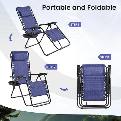 Zero Gravity Chair Set of 4 Oversized Folding Recliner, Padded Anti Gravity Lounge Chair with Adjustable Pillow & Cup Holder for Outdoor Camping, Patio, Poolside, Lawn (Blue)