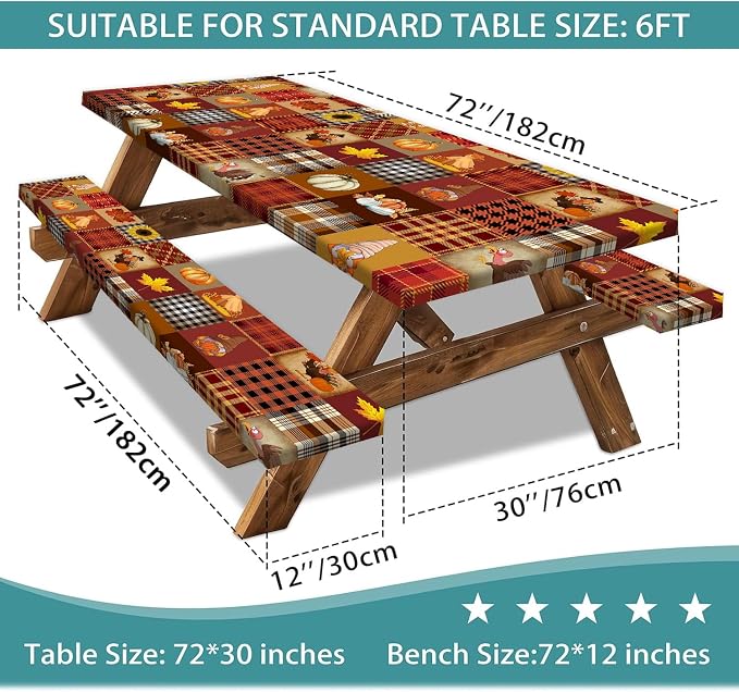 Fall Pumpkin Picnic Table Cover with Bench Covers Thanksgiving Maple Leaves Sunflower Plaid Camping Tablecloth Waterproof Elastic Edges Fitted Rectangle Tables Cover for Indoor Outdoor 3PCS 30x72 Inch