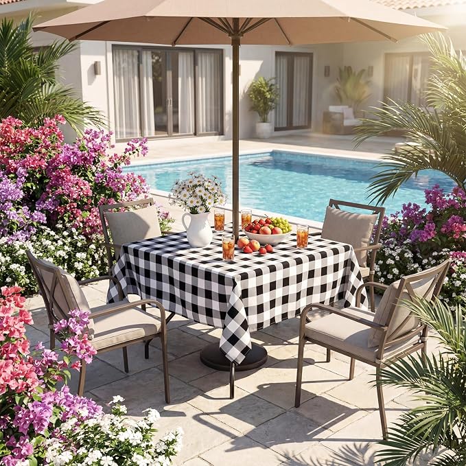 Poise3EHome Square Outdoor Tablecloth with Umbrella Hole and Zipper,Black and White Gingham 60x60 Inch,SpillProof Washable Table Cloth for Spring Summer Patio Garden Poolside Picnic Camping BBQS