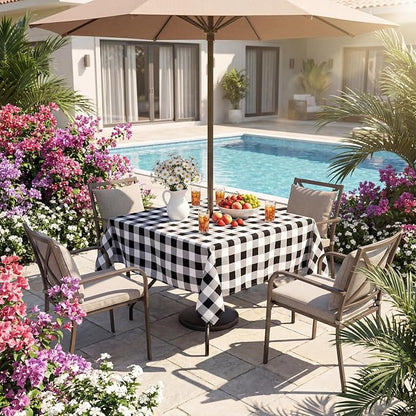Poise3EHome Square Outdoor Tablecloth with Umbrella Hole and Zipper,Black and White Gingham 60x60 Inch,SpillProof Washable Table Cloth for Spring Summer Patio Garden Poolside Picnic Camping BBQS