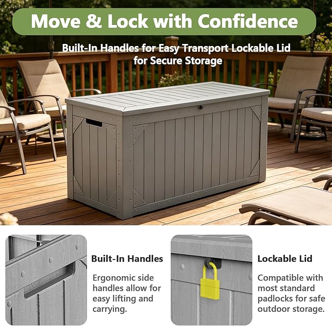 Outdoor Storage Box, 95 Gallon Deck Box Outdoor Storage Bench, Outside Waterproof Resin Storage Bench, Lockable Patio Cushions, Garden Tools Storage for Furniture, UV Resistant (Gray)