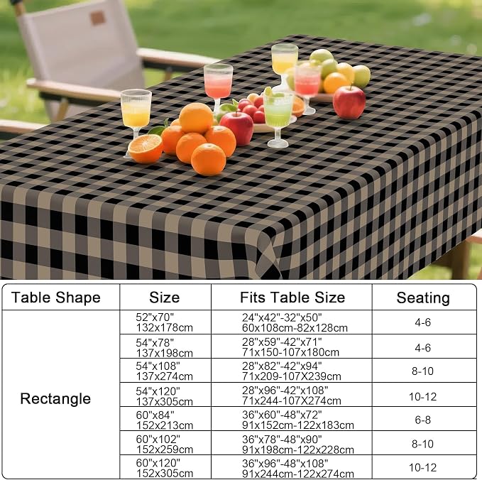 Smiry Picnic Table Cloth, Vinyl Tablecloths with Flannel Backing, 60"x144" | Waterproof Rectangle Table Cloth, Wipeable Buffalo Plaid Table Cover for Indoor and Outdoor (Black & Khaki)