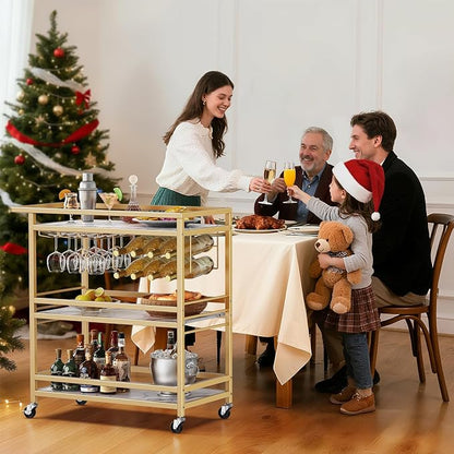 Leteuke Bar Cart for Home, 3 Tier Gold Serving Rolling Carts with Wheels | Drink Cart, Liquor Stand with Marbled Wooden Shelves, Wine Rack and Glass Holder for Kitchen, Dining Room