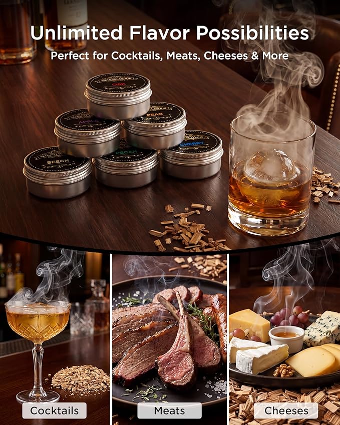 Whiskey Smoker Wood Chips Refill - 6 Flavor Variety Pack for Cocktail Smoker Kit - Natural Smoking Chips for Old Fashioned & Bourbon Drinks, Oak, Apple, Cherry, Hickory, Pear, Beech